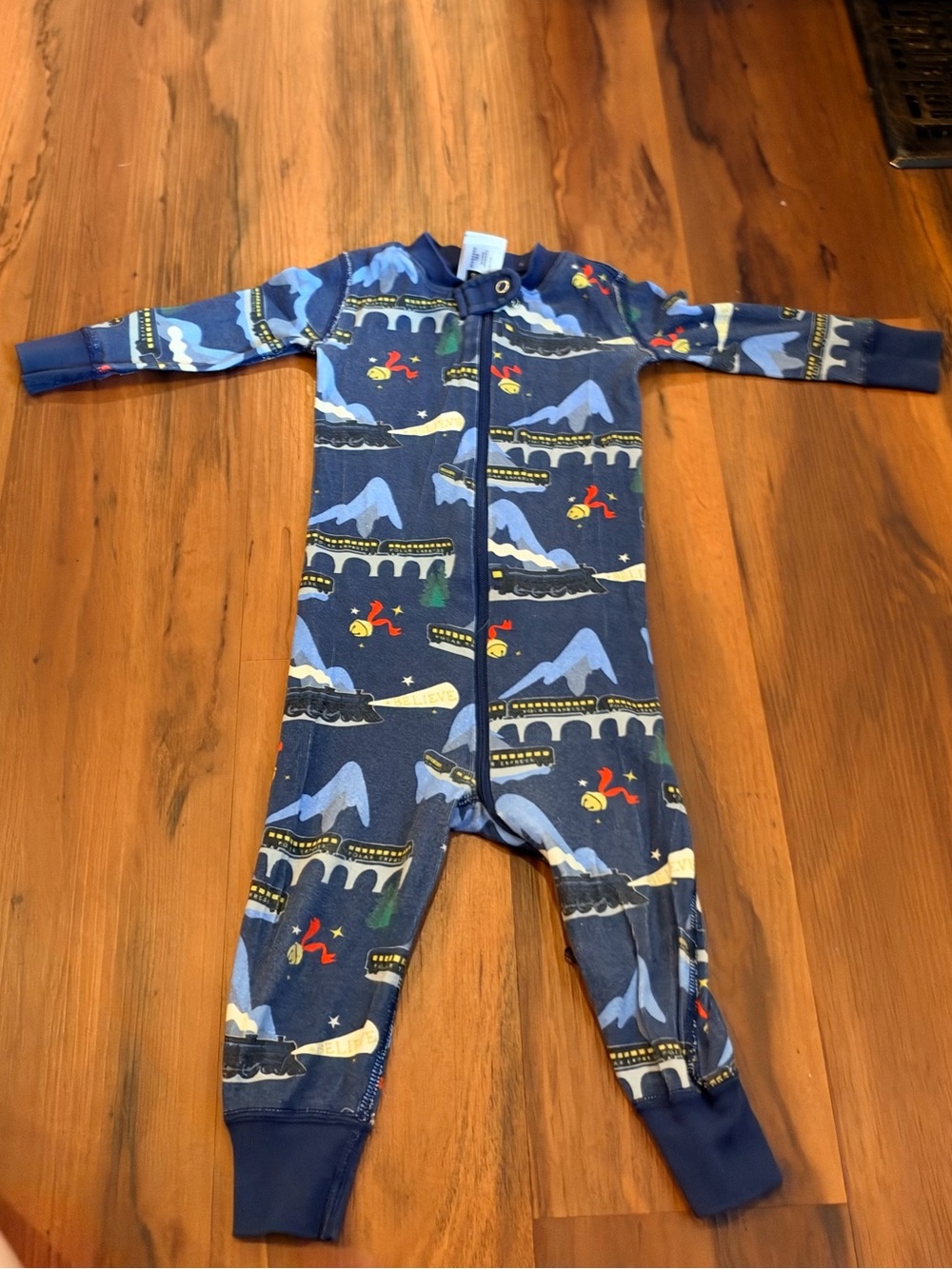 Hanna Andersson Navy Train & Mountain Print One-Piece Footie